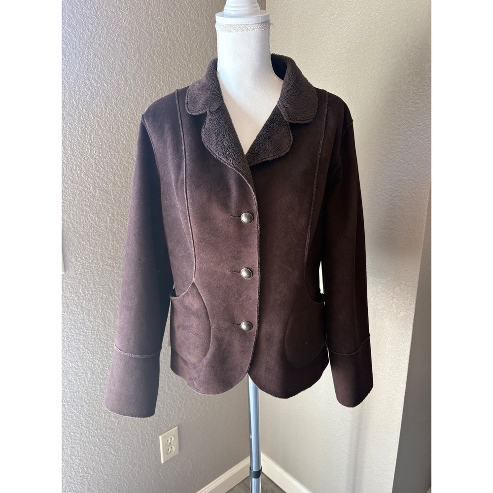 Two Star Dog TSD Brown Faux Suede Sherpa Lined Jacket Womens Medium Button Front